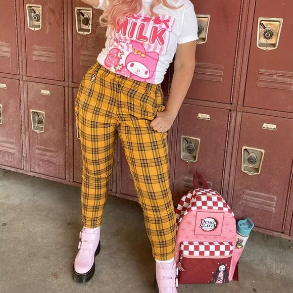 Hot Topic XS Yellow Goth Punk School Girl Stretch Plaid Check Slim Leg Pants‎ - Picture 1 of 4